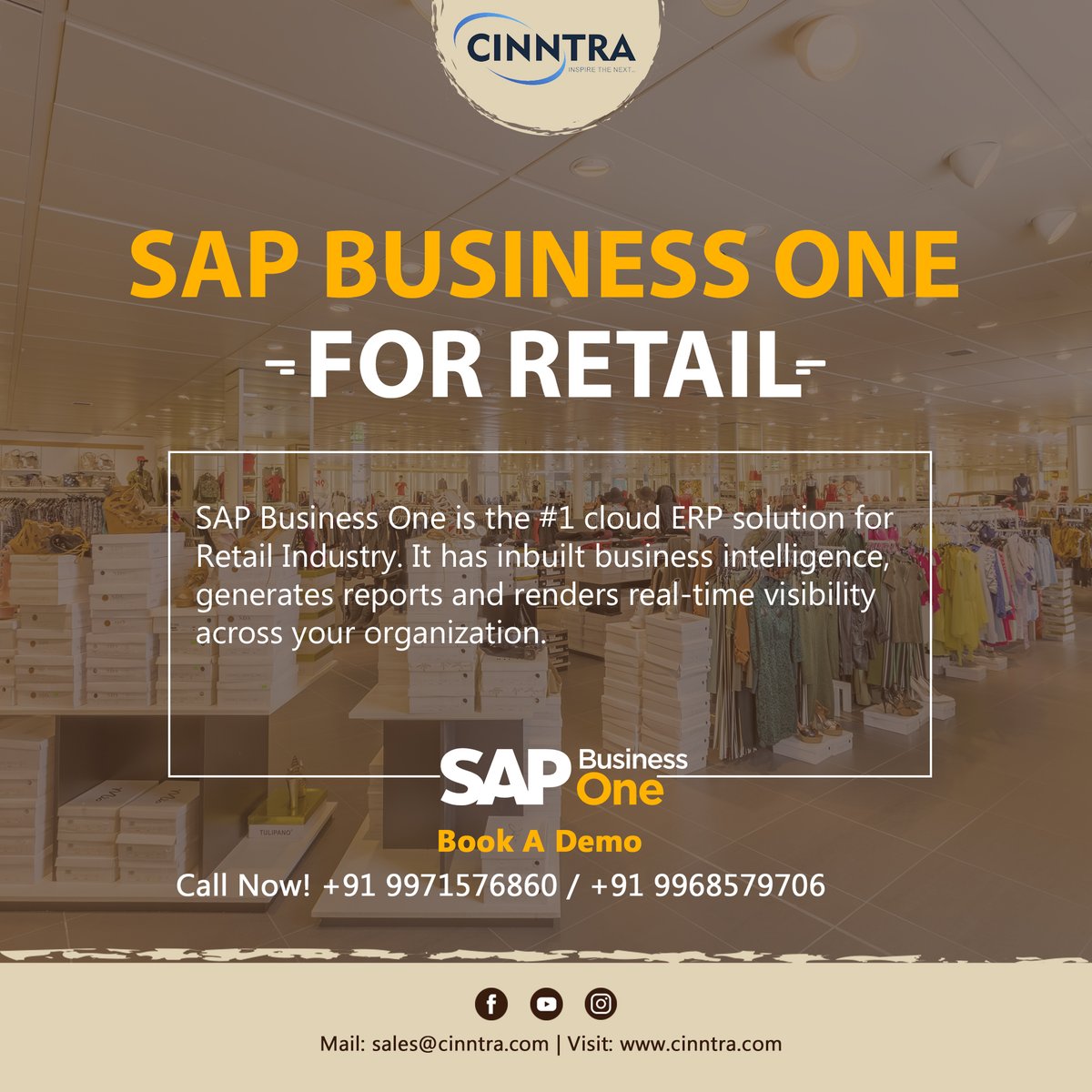 Cinntra1's tweet photo. SAP Business One is the #1 cloud ERP solution for Retail Industry. It has inbuilt business intelligence, generates reports and renders real-time.
Call Now! +91 9971576860 / +91 9968579706 | Mail: sales@cinntra.com | Visit: https://t.co/d6MxUOKFAV

#RetailIndustry https://t.co/iAE9UQl3ck