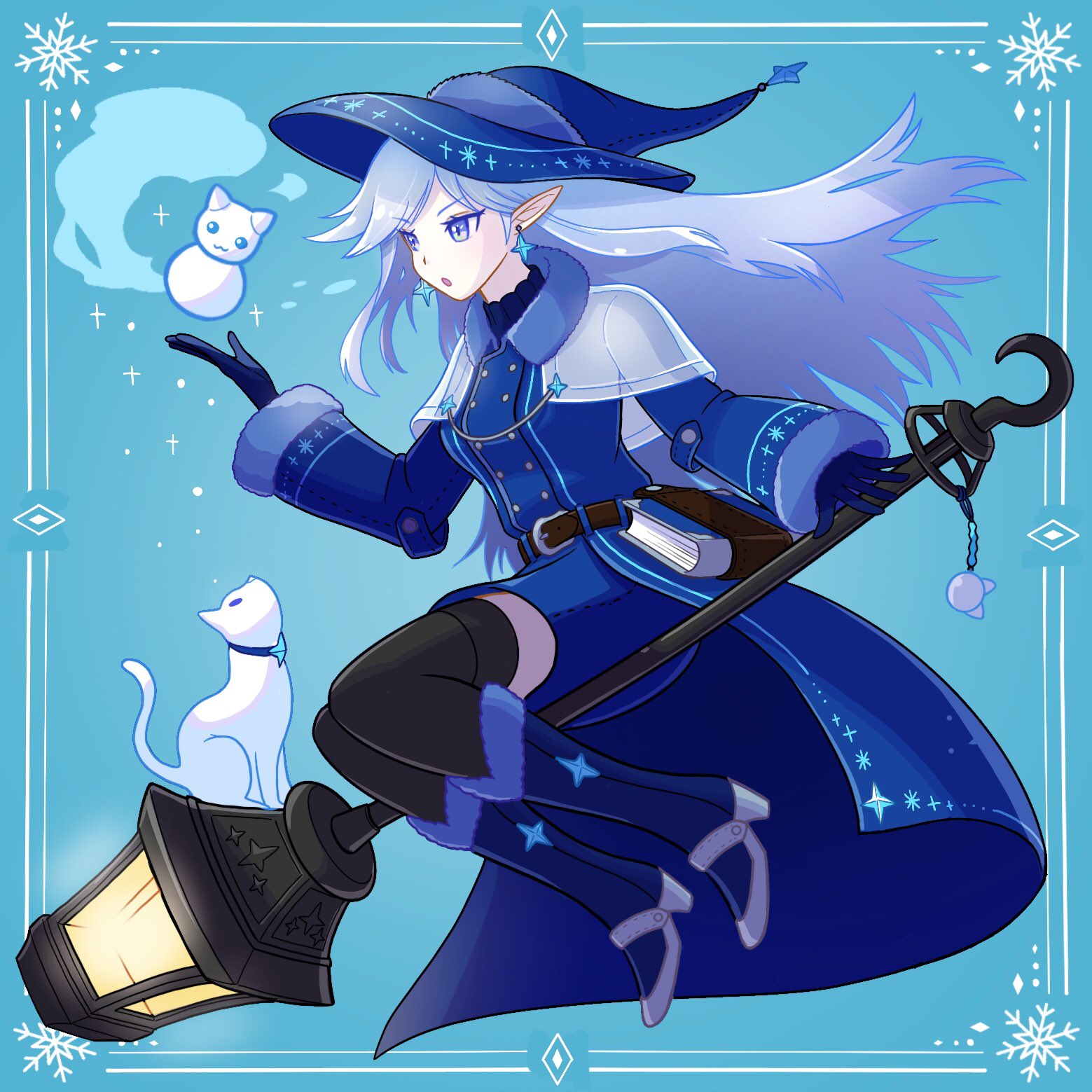 Twitter 上的 バクモン オリジナルで雪の魔女を描いてみました そろそろ肌寒くなってきたので ふと思いつきました イラスト好きな人と繋がりたい イラスト 魔女 雪 冬 ロングヘア かいてみた 宝石 魔法使い ほうき かわいい 青 ランタン 衣装