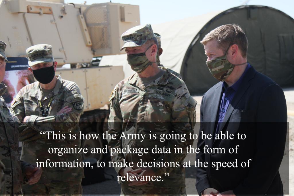 SecArmy's tweet image. @ArmyChiefStaff and I had the privilege to view the Project Convergence 20 demonstration at @ypg_az. This is the advancement and integration of the @USArmy’s contributions to the Joint Force. #ArmyFuturesCommand