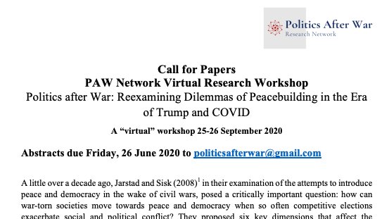 We're about to kick off our 2-day workshop "Reexamining Dilemmas of Peacebuilding in the Era of Trump and COVID". Follow this thread to join the discussion! Organised by:  @DrGydaSindre,  @jishiyama,  @MimmiSKovacs, Dr Devon Curtis & Dr Carrie Manning. 1/x https://politicsafterwar.com/2020/05/16/paw-network-virtual-research-workshop-reexamining-dilemmas-of-peacebuilding-in-the-era-of-trump-and-covid-25-26-september-2020/