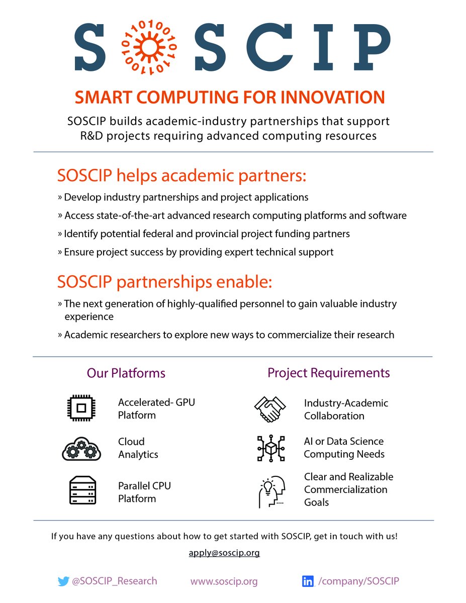 If you are an #Academic with a project that needs compute power, 
<a href="/SOSCIP_Research/">SOSCIP Research</a> can help! Apply through our website (ow.ly/ZUYZ50AVIsm) for access to our  #AcceleratedGPU and #Cloud #ARC ow.ly/vXHU50AVIso for all the hardware and application notes.