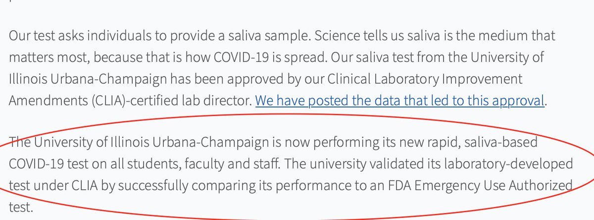 I emailed FDA & Yale on Sept 16th. Both said they would look into itSometime after Sept 18, U of I changed content on its website to remove the claim re: EUA. They now say they've "self-validated" the test. No mention of LDT. 7/*  https://web.archive.org/web/20200911185730/https://covid19.illinois.edu/health-and-support/on-campus-covid-19-testing/ https://covid19.illinois.edu/health-and-support/on-campus-covid-19-testing/#howoften