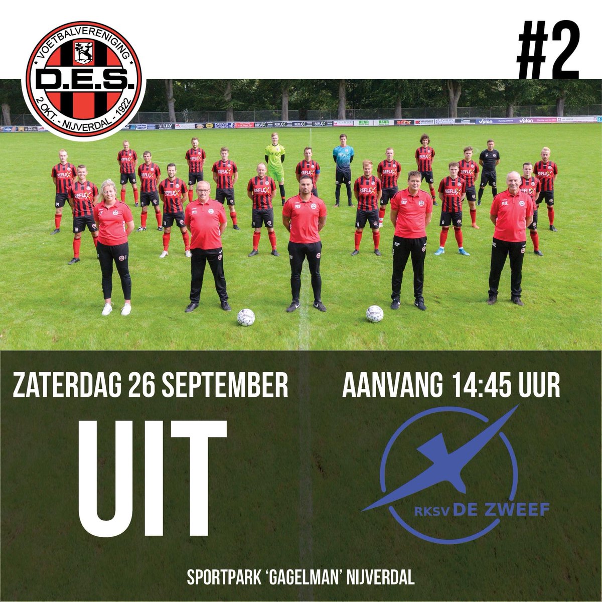 Morgenmiddag speelt DES 1 voor het eerst in de historie een competitiewedstrijd tegen buurman <a href="/rksvdezweef/">RKSV De Zweef</a>  De wedstrijd begint om 14:45 en staat onder leiding van scheidsrechter Mick Landman uit Hengelo. 
Vanwege COVID-19 zijn er max. 250 toeschouwers van de thuisclub welkom!