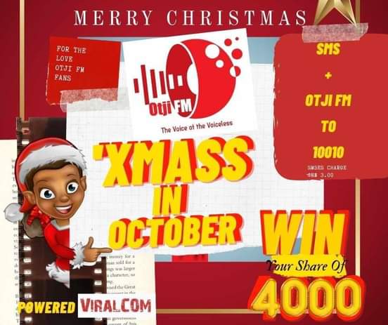 Viralcom_NA's tweet photo. Otji FM brings Xmas In October! Win your share of N$4,000 each week of October! Enter the competition as many times as you wish.
Simply SMS Otji FM to 10010. (N$3)
Ends 30 October & winner announcements start 2nd!
SMS powered by @Viralcom_NA #Viralcom #XmasInOctober #OtjiFM https://t.co/DLoVkRTsyh