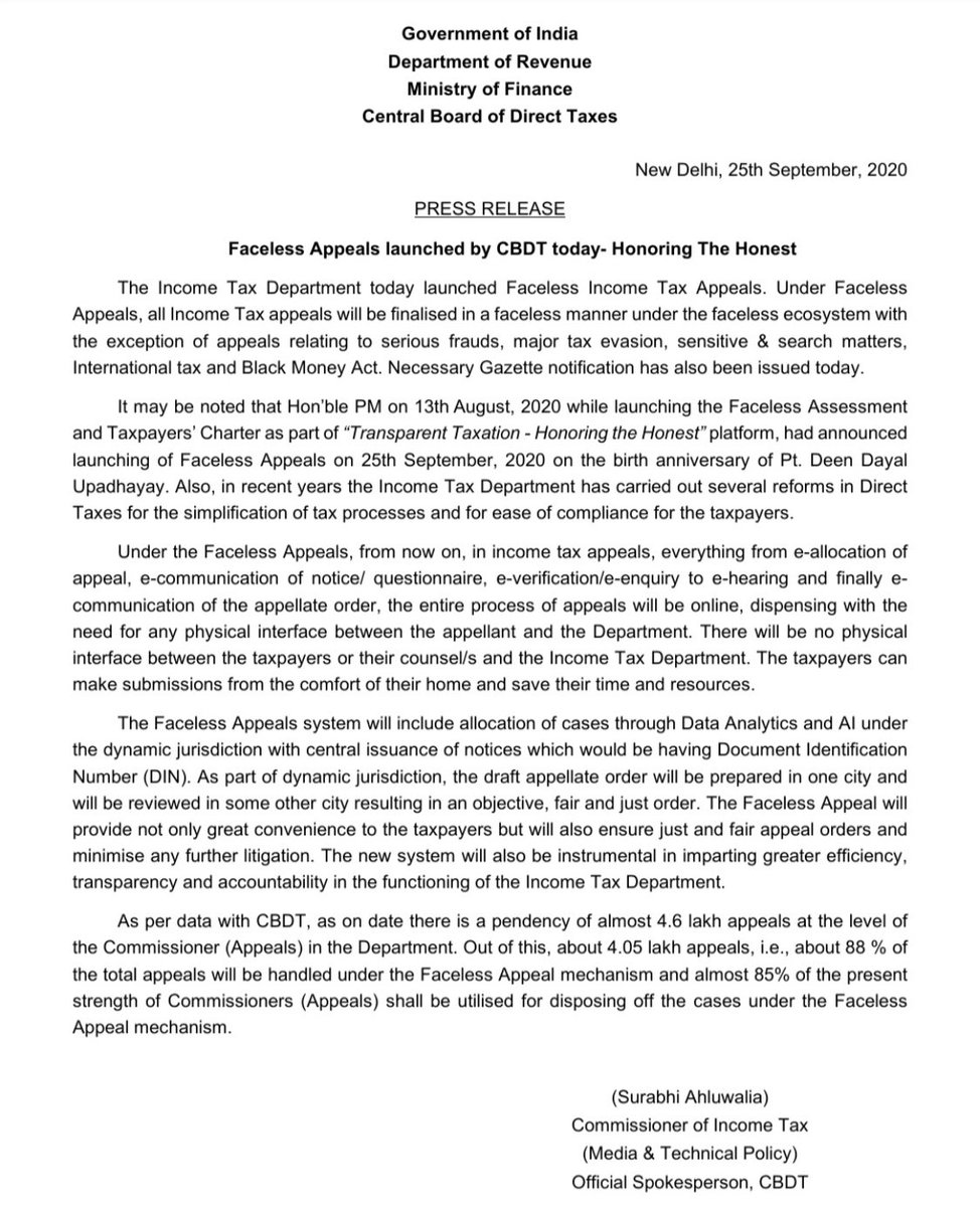As announced by @PMOIndia Sri @narendramodi ji, CBDT launches #FacelessAppeals system, in continuation of 'Transparent Taxation #HonoringTheHonest'. Gazette notification in S.O. 3296(E) dt 25th Sep, 2020 issued. 
Bharat marching towards #NewIndia. 
@blsanthosh @BJP4India.