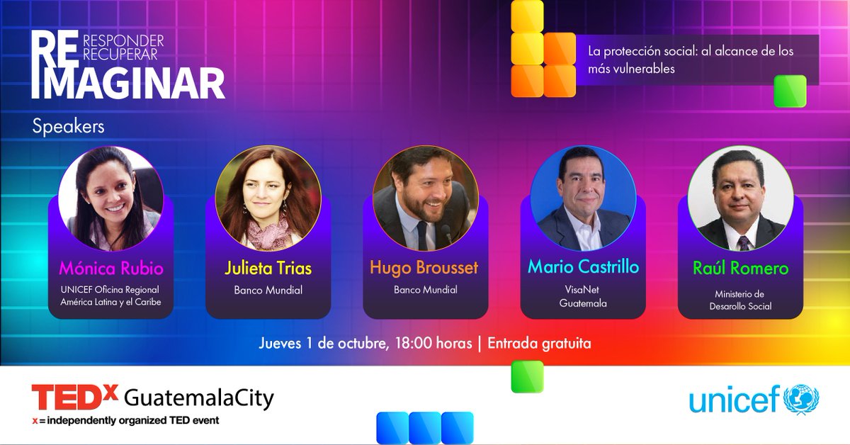 Conoce a nuestros speakers y no te pierdas el próximo <a href="/TEDxGC/">TEDxGuatemalaCity</a>: "La Protección Social: Al Alcance de los Más Vulnerables".

¡Súmate a #reimaginar un 🌎 mejor!

📆 1 de Octubre ⏰ 18:00 horas
👉 Regístrate gratis: responderrecuperarreimaginar.com 

#unicef #reimagine 
#tedx #tedxtalks