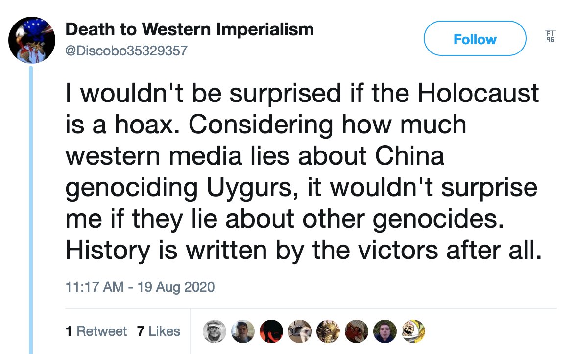 I also discuss the impact of blogs like Grayzone and their cluster on the left more broadly and how comments like this open the door from Chinese state crimes denial to Holocaust denialists posing as leftists (user 2 loves Norton):  https://archive.vn/wao5V   https://archive.vn/VmXWY 