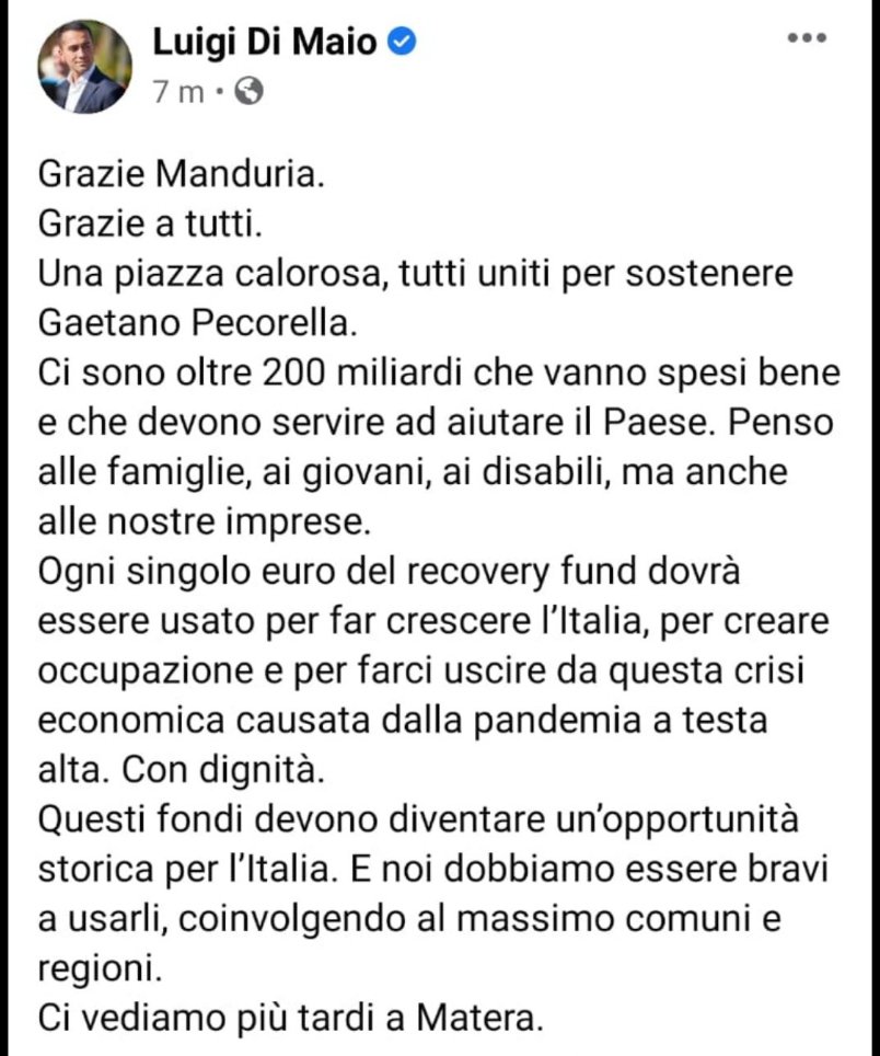 RikCip's tweet photo. @welikeduel @makkox a Manduria, il candidato sindaco (al ballottaggio) si chiama Gregorio Pecoraro. Ecco cosa scrive Di Maio ( in piazza per sostenerlo) https://t.co/V5pPCZRxVK
