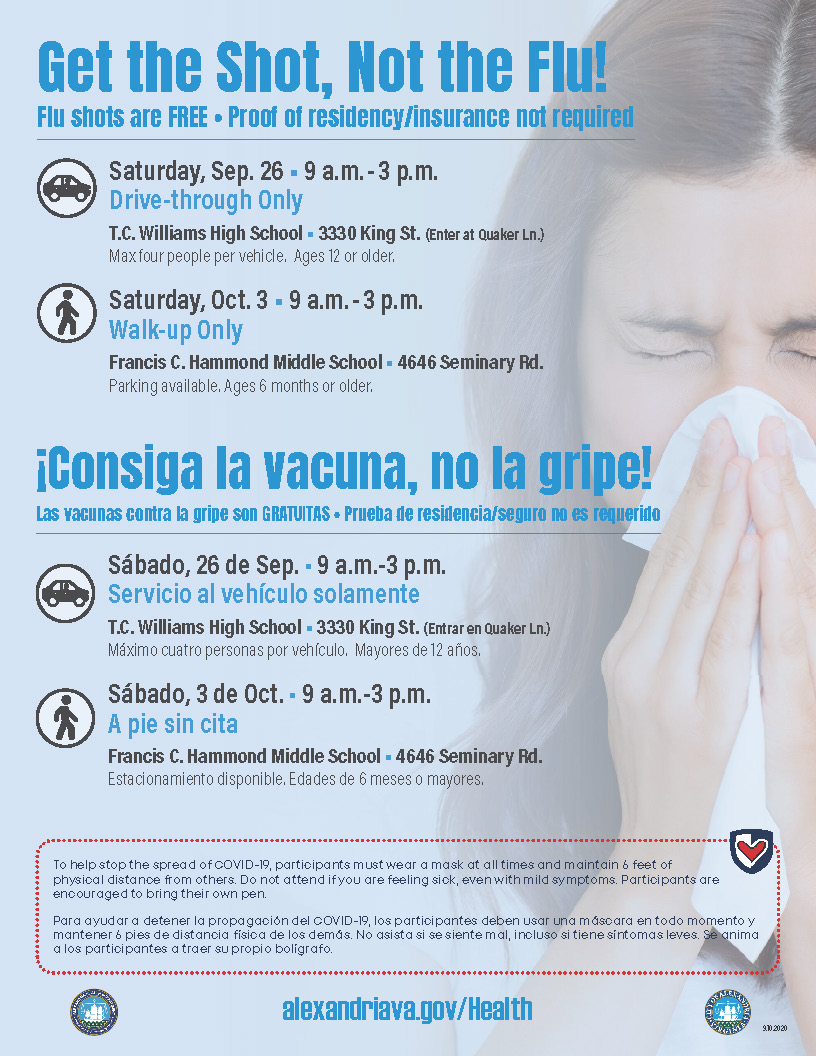AlexandriaVAGov's tweet image. We all have the power to prevent illness. One of the easiest ways is to get a FREE flu shot at an upcoming flu clinic on Sept 26 or Oct 3. Masks and physical distancing required. Get the shot, not the flu! Details: alexandriava.gov/Health