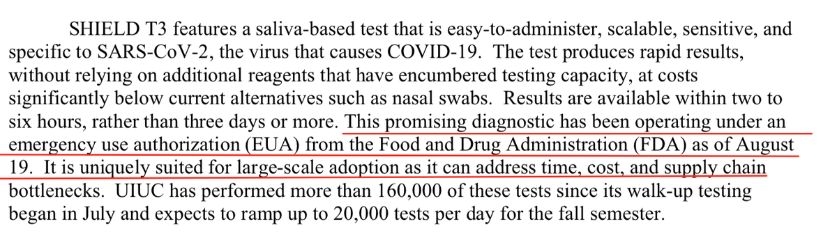 Sen. Dick Durbin has invoked the non-existent EUA for Shield T3's saliva tests in letters to the Dept of Defense and HHS, respectively.The latter was signed by Durbin & a slew of other Illinois reps, including Sen. Duckworth 6/*  https://www.durbin.senate.gov/newsroom/press-releases/durbin-urges-dod-to-adopt-wider-use-of-university-of-illinois-covid-19-saliva-based-testing-initiative  https://www.durbin.senate.gov/imo/media/doc/IL%20Letter_HHS-UI%20Testing%20Final%20Copy%20Signed.pdf