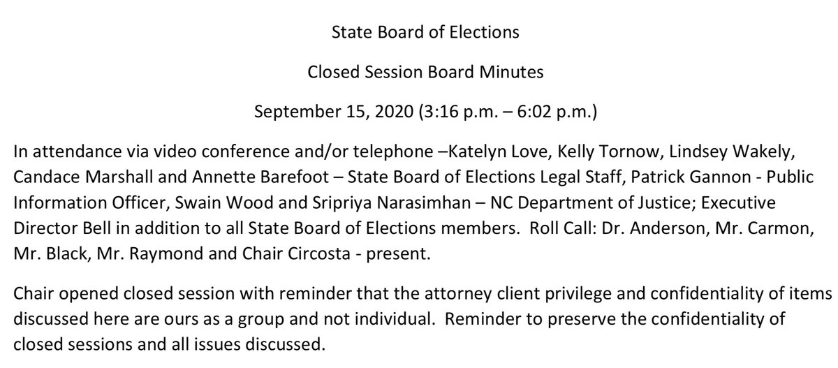 The  #NCSBE waived privilege in order to release minutes of closed session during which they deliberated a proposed settlement of a lawsuit.  #NCPol Link to minutes:  https://s3.amazonaws.com/dl.ncsbe.gov/State_Board_Meeting_Docs/2020-09-25/DRAFT_SBOE%20Minutes%209.15.20%20Closed%20Session.pdf