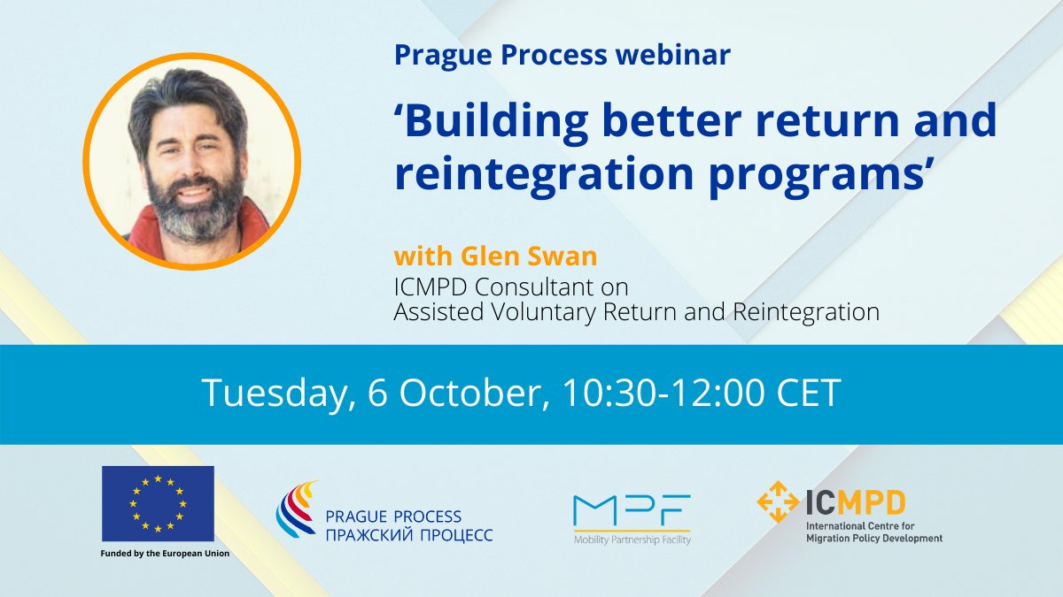ICMPDinEECA's tweet photo. Join the #PragueProcess webinar 'Building better #ReturnAndReintegration programs' with Glen Swan, ICMPD Consultant on Assisted Voluntary Return and Reintegration
🗓️ 6 October 2020
⏰ 10:30 CET
➡️ https://t.co/q1VPEmxgGp https://t.co/rDOO7A1yLm