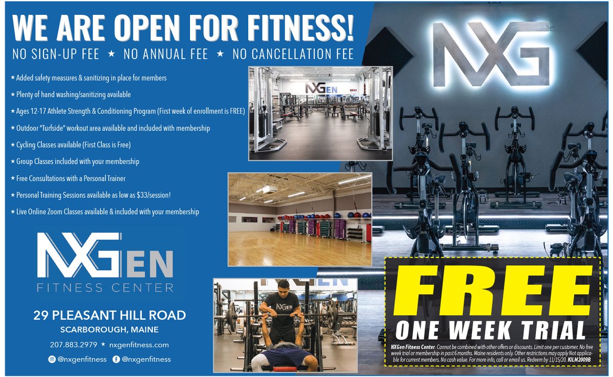 keepitlocalME's tweet image. Get a #FREE #weektrial at NXGen Fitness Center - a #locallyowned #gym with #personaltraining, #yoga, #childcare, &amp;amp; more! Stop by 29 Pleasant Hill Rd in #Scarborough or sign up at nxgenfitness.com. #localbusiness #locallyowned #fitness #getfit #workout #keepitlocalmaine