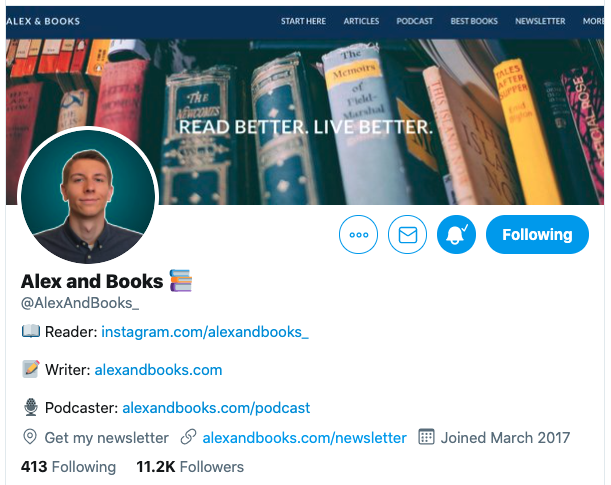 14/15 -  @AlexAndBooks_ Alex will teach you how to efficiently & productively read more books Anything related to books (Only one guy comes in my mind: Alex)