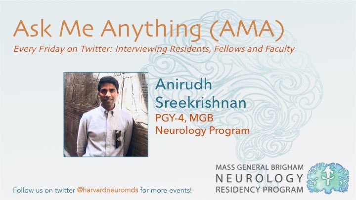 It’s Friday, which means we are having our weekly AMA! Today we have our #MGBneurology resident @Anirudh_MD. Join us in learning about Anirudh’s experience as a neurology resident and much more!