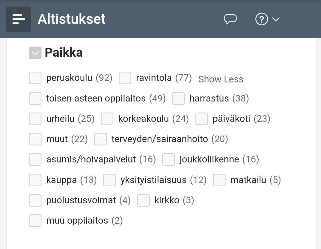 Itsekin vasta opettelen käyttämään uutta sivua. rb.gy/d34kx8
Vasemman yläreunan valikosta valitaan "kaikki altistukset" ja aukeaa  rasti ruutuun valikko. Jos ei ole kuntaa tai sairaanhoitopiiriä valittuna, näkyy kuinka monta tapahtumaa missäkin on.
