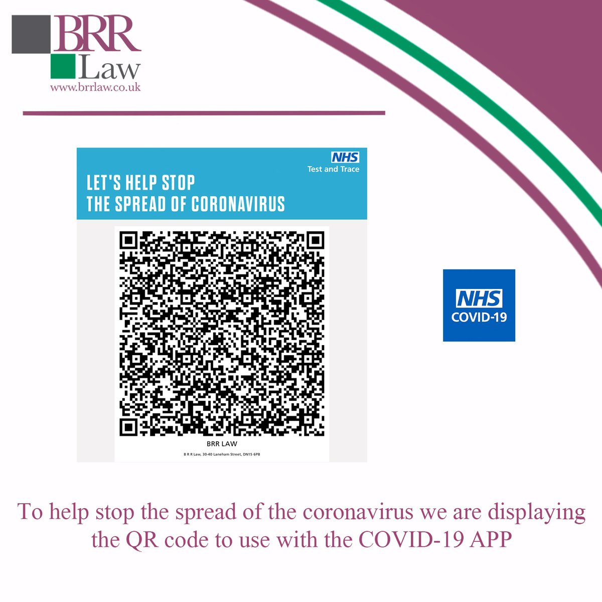 BRR_Law's tweet photo. We have our QR code displayed prominently in reception, if you have downloaded the NHS COVID-19 app please use this to scan the code when entering reception.

https://t.co/virXY17ynP https://t.co/1Bjg7i2btI