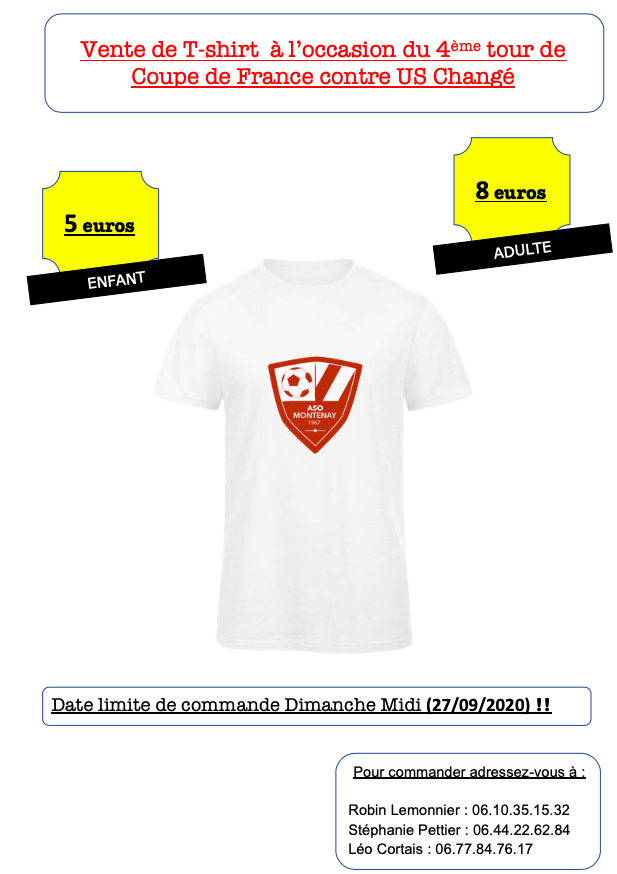 Mettez-vous aux couleurs du club pour venir nous encourager !!! 😀🔴⚪️

Match le Dimanche 04/10/2020.

Tout est indiqué : ⬇️

Important : passez vos commandes avant dimanche midi !