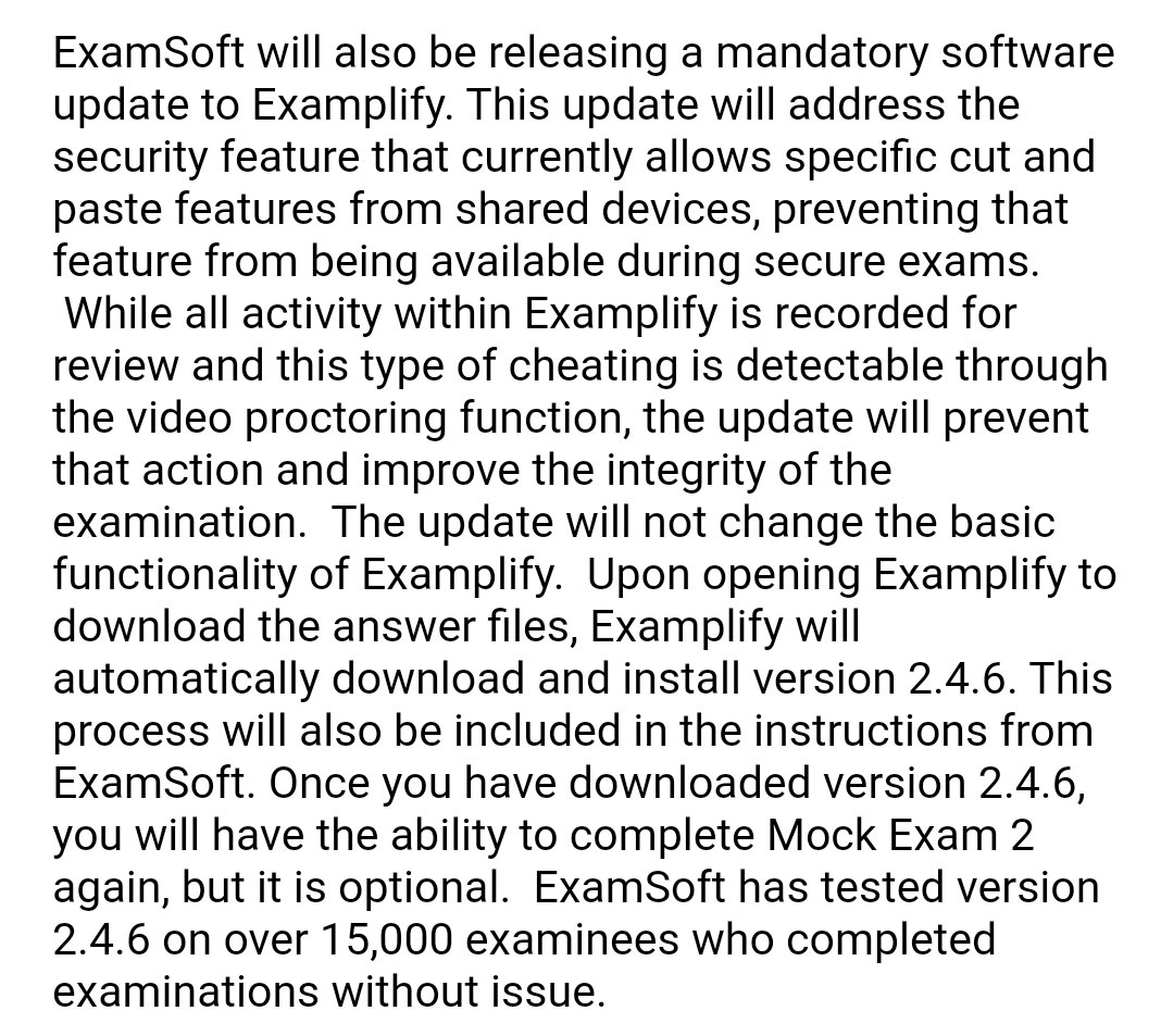 DP4Oregon's tweet image. Update from OSB: ExamSoft 2.4.6 will close the apple cut/paste loophole. Also, apparently version 2.4.6 has been tested on 15,000 examinees "without issue"? Seems highly unlikely given the frequency of issues discussed in the report from @dp4ny.

#diplomaprivilege #lawtwitter