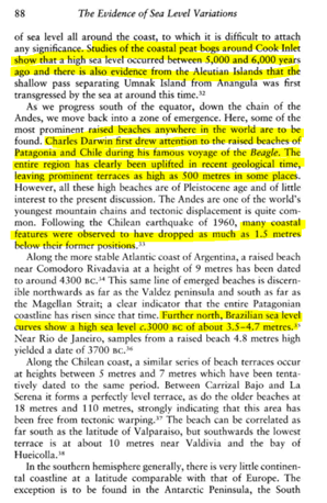 In Bahamas, mangrove swamps only grow on tidal range, dating 3210-3120 BC were found 3 meters high on BiminiCharles Darwin noted raised beaches as high as 500 meteres in some places in Patagonia and ChileBrazilian sea levels curve show a high sea level of 5 meter c.3000BC6/n