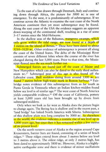 In Bahamas, mangrove swamps only grow on tidal range, dating 3210-3120 BC were found 3 meters high on BiminiCharles Darwin noted raised beaches as high as 500 meteres in some places in Patagonia and ChileBrazilian sea levels curve show a high sea level of 5 meter c.3000BC6/n