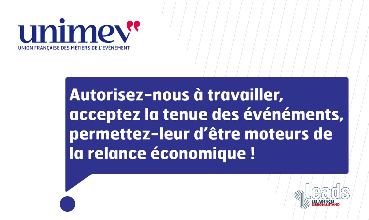 UNIMEV_FR's tweet image. @UNIMEV_FR et les organisations représentatives exhortent le Premier Ministre à adopter un plan de sauvegarde massif pour les acteurs de la filière événementielle. 
@JeanCASTEX, faites confiance aux professionnels de l’événement pour faire respecter les règles sanitaires !