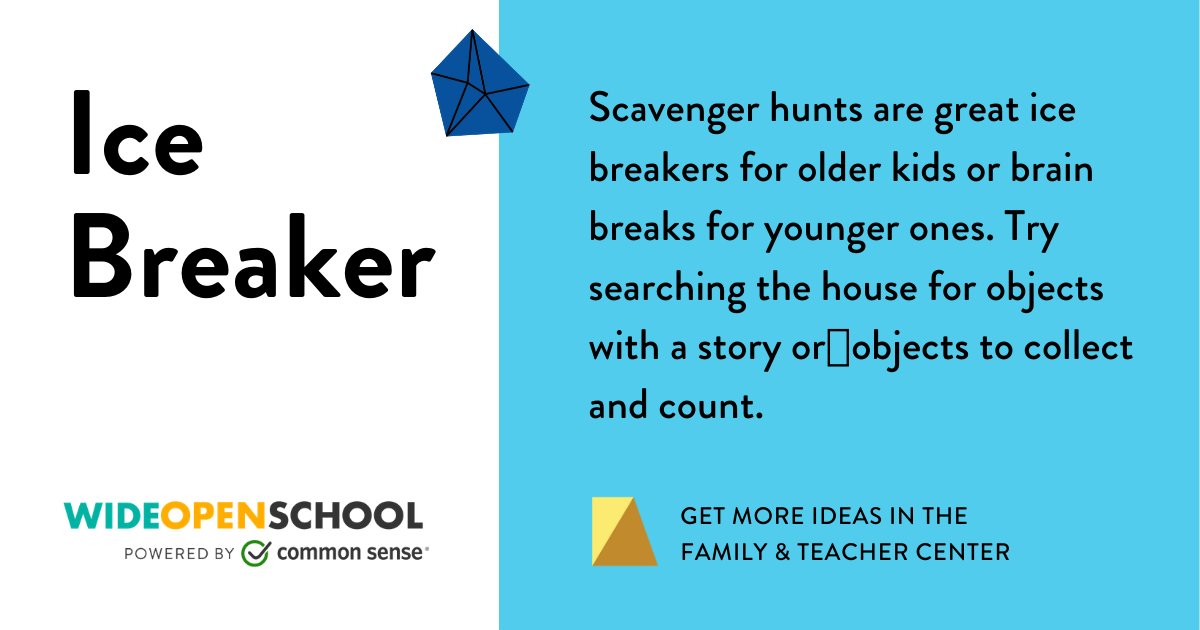 Common Sense Education (@commonsenseed) on Twitter photo Virtual ice breaker idea! Get students moving by asking them to hunt for an object that has meaning to them and share why with the class!
Get more ideas in the Family & Teacher Center on <a href="/WideOpenSchool/">Wide Open School</a>! #backtoschool2020
bit.ly/3csK7Nu. Virtual ice breaker idea! Get students moving by asking them to hunt for an object that has meaning to them and share why with the class!
Get more ideas in the Family & Teacher Center on <a href="/WideOpenSchool/">Wide Open School</a>! #backtoschool2020
bit.ly/3csK7Nu.