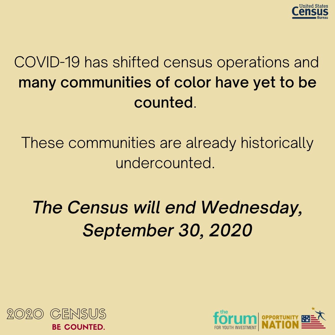 oppnation's tweet photo. The #2020Census is ending early, Wednesday, September 30. This directly impacts communities of color! Let's make sure WE are counted, take the #census today at https://t.co/yo1t5WTSSS! #BeCounted #OppIndex #OppNation https://t.co/ka17Jn4dGf