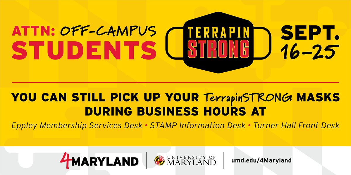 UM_Scholars's tweet image. Didn’t get a chance to pick up your masks #4Maryland? Today is your last day to stop by STAMP, Turner Hall or Eppley to claim your free masks!