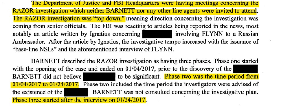 After the Flynn interview regarding the Logan Act, they reorganized the team between the DOJ and FBI using a "top-down" approach