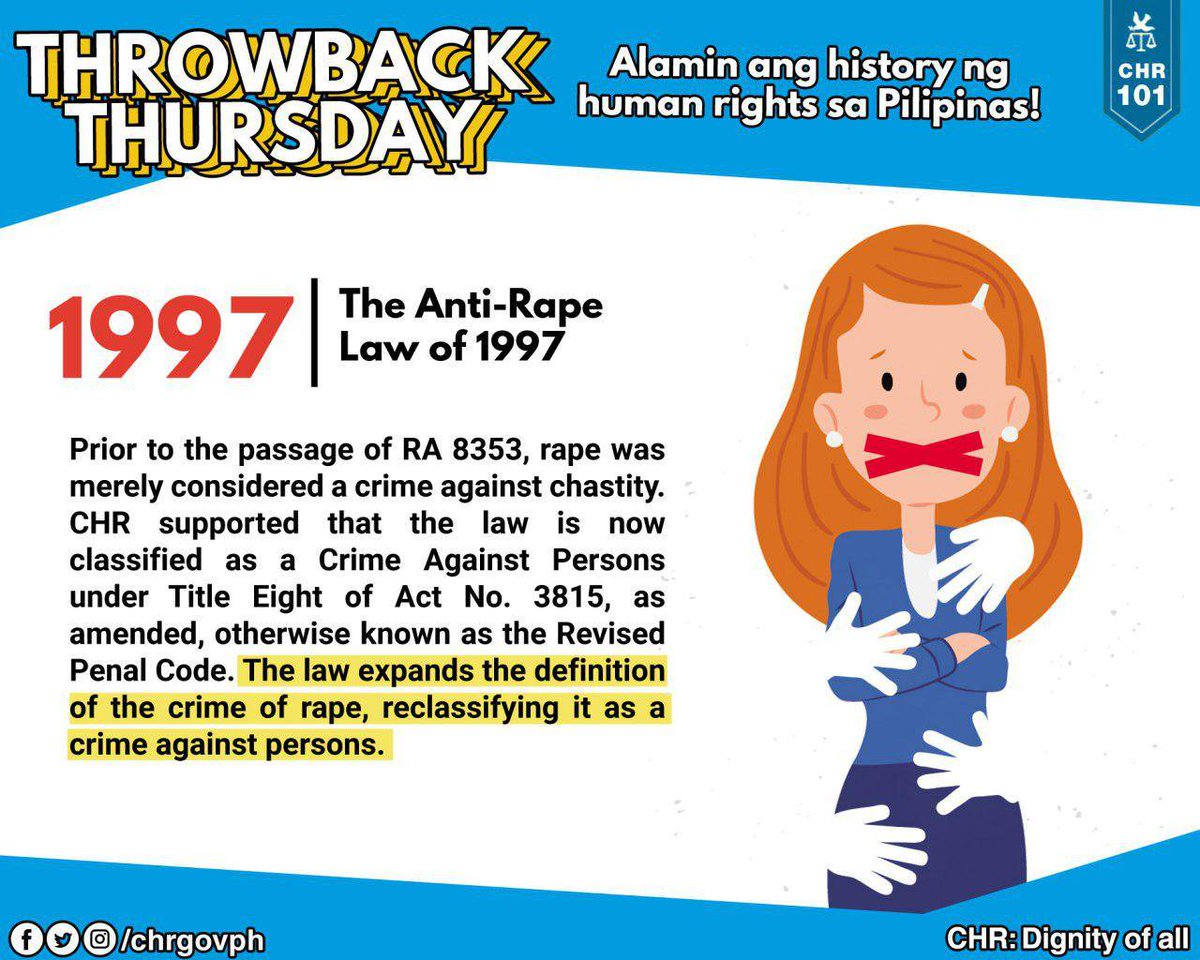 chrgovph's tweet photo. ALAM NIYO BA?

Bago maipasa ang Republic Act No. 8353 o ang Anti-Rape Law of 1997, itinuturing na isang krimen laban sa kalinisang-puri (crime against chastity) ang panggagahasa o rape.

#ThrowbackNotThursday
#AntiRapeLaw https://t.co/mUiJK6VRZf
