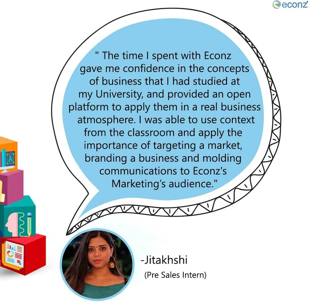 EconzIt's tweet photo. Here's what our pre-sales intern Jitakhshi has to say about her experience at Econz.
If you can't hold your excitement and want to be a part of such a team, head over to our website - https://t.co/UhWrwr6Kxq
#EconzCloud #Econz #EconzIT #GooglePartners #GooglePremierPartners https://t.co/07jBx8Dx9y