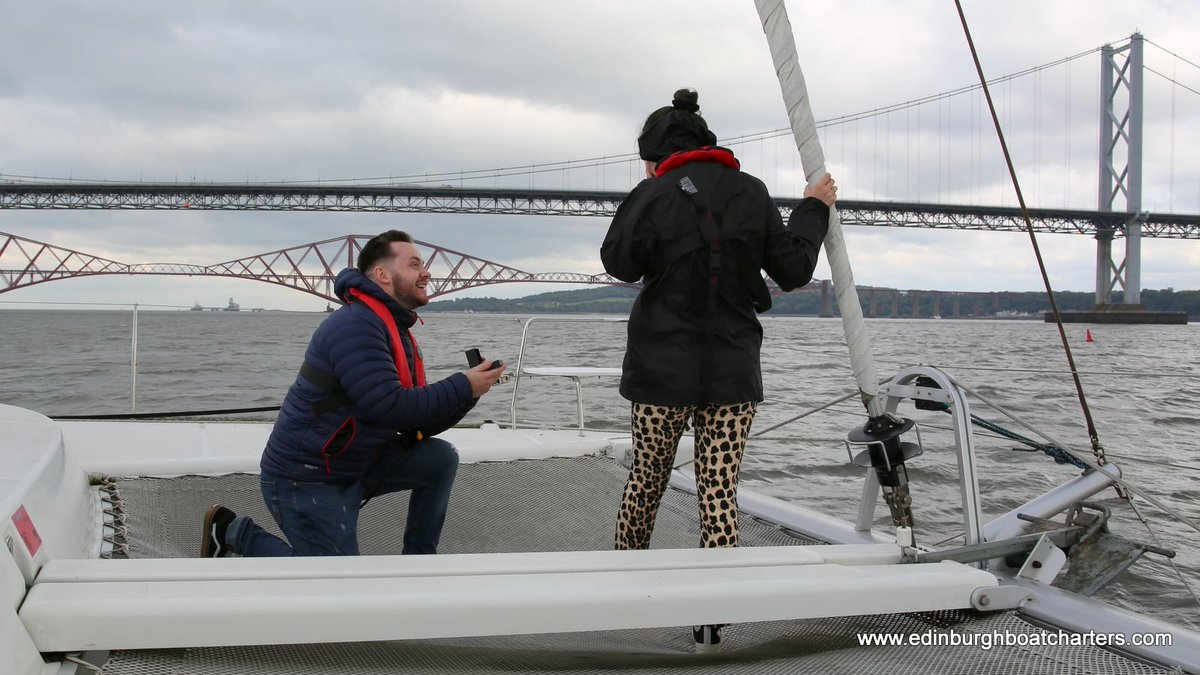 Edinboatcharter's tweet photo. We love a romantic ending at Edinburgh Boat Charters! Congratulations to Dexter - she said yes! #proposal #happyending #privatecharter #romantic #sailing #shesaidyes #forthbridges https://t.co/oC6HBEc8I0