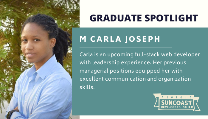 suncoastdevs's tweet photo. M Carla Joseph
Carla is an upcoming full-stack web developer with leadership experience.
Learn more about Carla, https://t.co/GH9GmpH0It
#readyforhire #lookingforwork #georgia #savannah #webdeveloper #react #dotnet #csharp #diversityintech #womenintech #womenwhocode https://t.co/27JkqqihaD