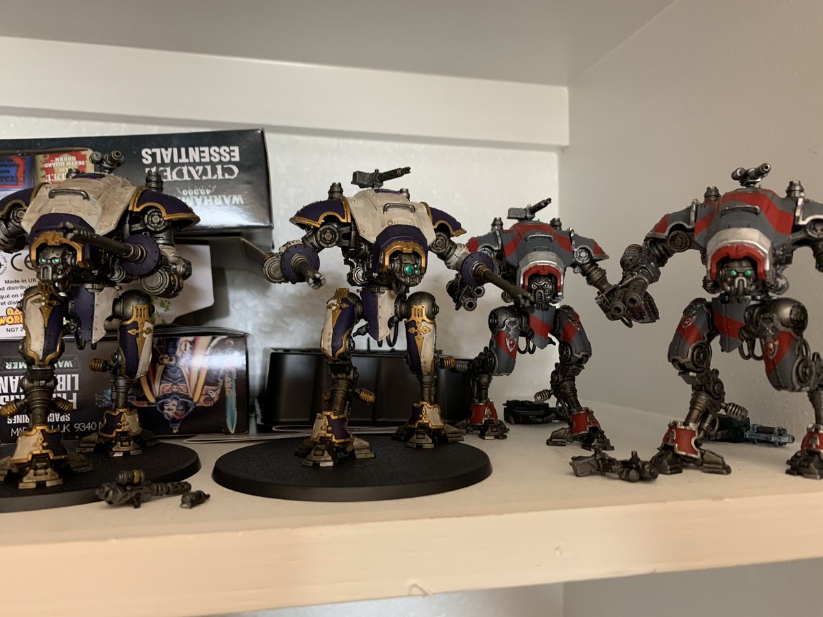 RAEIV's tweet photo. Shout out to @rnminiatures for the awesome nameplates - still a work in progress, but they’re getting there! #WarhammerCommunity #warhammer40k #imperialknights #armigers #Ishouldreallygetalightbox https://t.co/e0D4WC1dyo