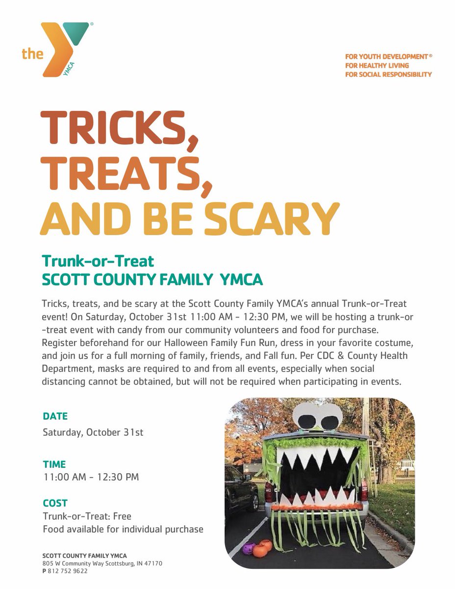 SCFY's tweet photo. Come on out to the Y on Saturday, October 31st 11:00 AM - 12:30 PM for our Annual Trunk-or-Treat event! This event is free to the public, but food will be available for individual purchase. 

*If you are interested in volunteering with a decorated trunk, please contact the Y. https://t.co/jY6EYaixjC