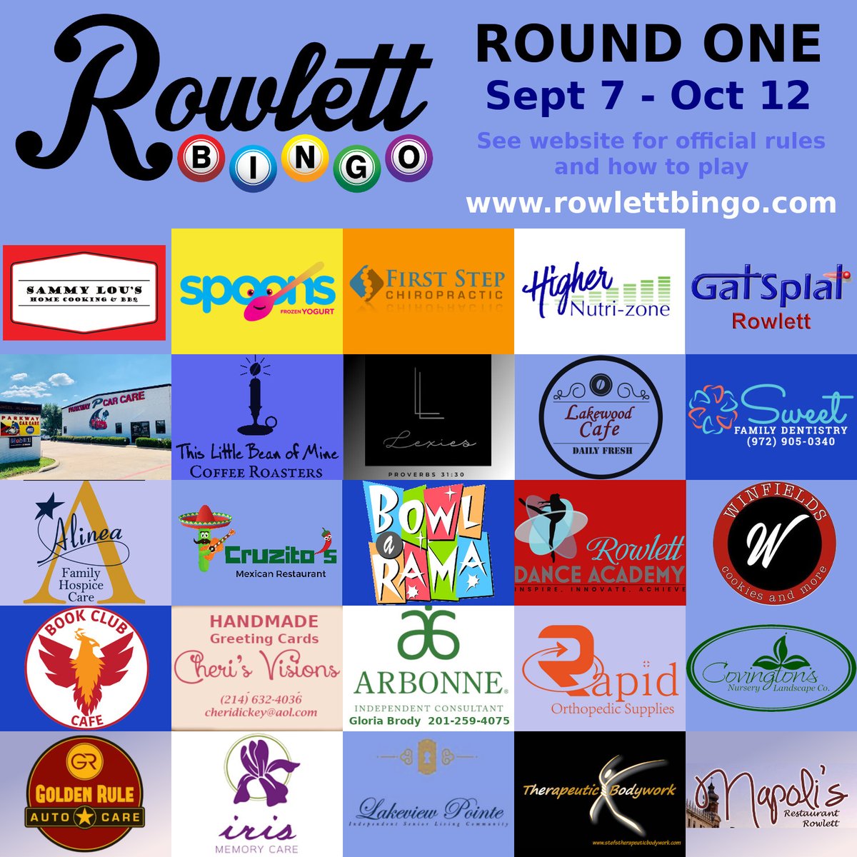 RowlettStrong's tweet image. Shout out to Rowlett #BowlARama and #GatSplat! Both have offered up some great prizes for Round One of #Rowlett Bingo. If you spend $20 or more with any five businesses on the Round One bingo card you might win! Keep our businesses #RowlettStrong!