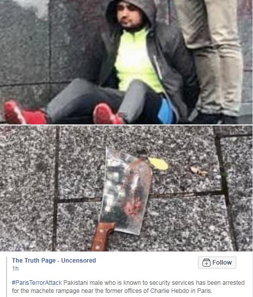 ItePeku's tweet photo. "The Truth Page - UncensoredFollow #ParisTerrorAttack Pakistani male who is known to security services has been arrested for the machete rampage near the former offices of Charlie Hebdo in Paris".
#MacheteAttack #CharlieHebdo #Paris https://t.co/EJDhyPt2mL https://t.co/Lr63tzDbZQ