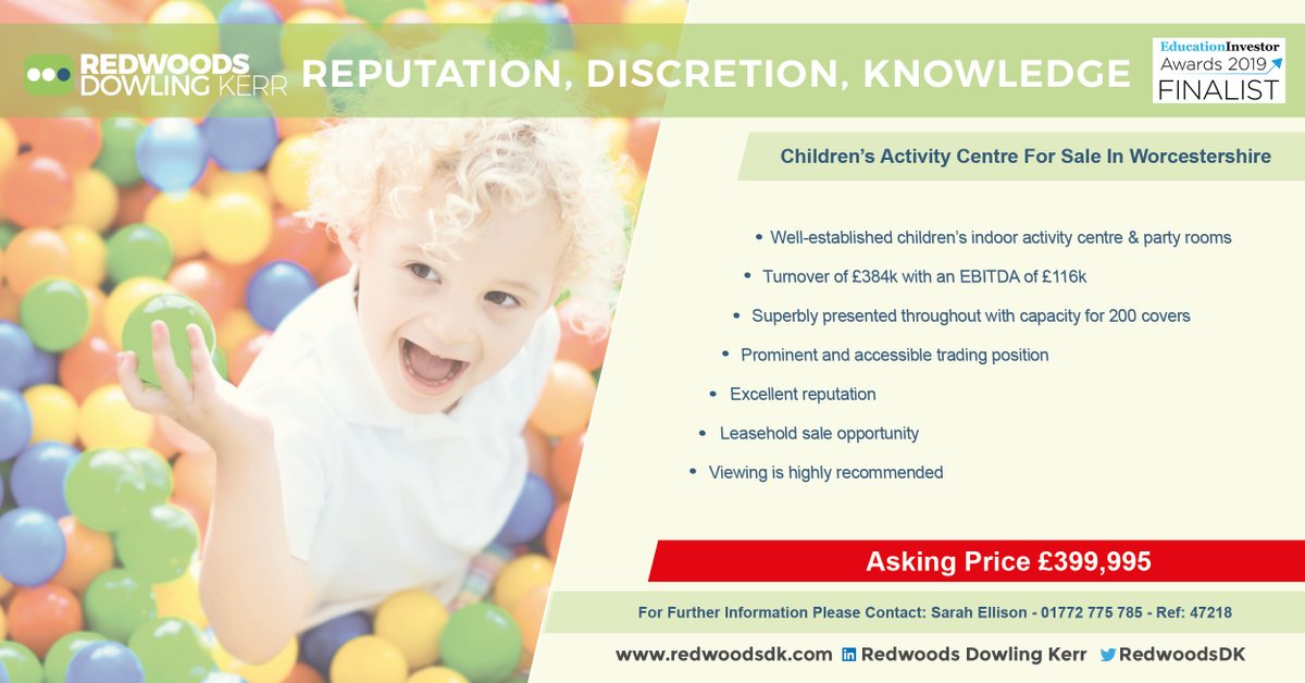 RedwoodsDK's tweet photo. We are delighted to bring to the #market an #excellent #opportunity to #acquire #Children's #Indoor #Activity #Centre &amp; #Party Rooms in Worcestershire on #leasehold basis.

Contact Sarah Ellison on 01772 775 785.

#childcare #children #M&amp;A #forsale #sale #businessforsale #busin https://t.co/Ra5Qy0tSlN