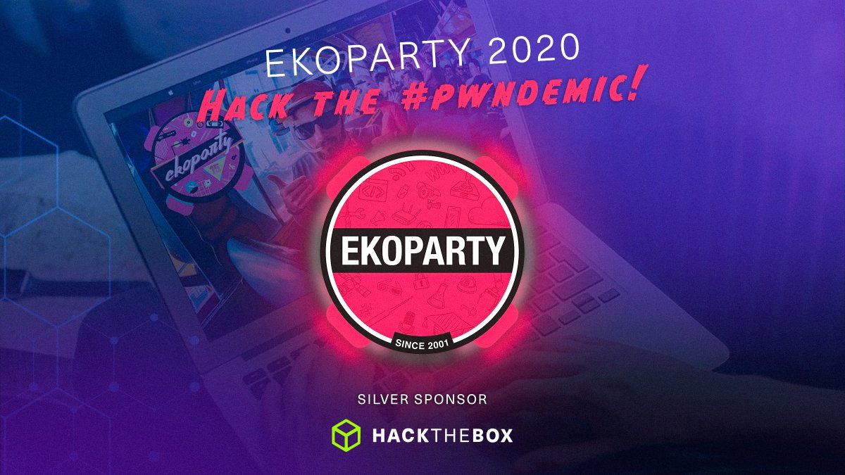 hackthebox_eu's tweet image. #HackTheBox proudly sponsors @EKOPARTY 2020 🎉 
Hack the #Pwndemic 💪 September 24-26 - ONLINE!
Awesome Talks, #Hacking Trainings, #CTF Events - Join now and don&apos;t miss this #Hackers&apos; Party 😎 ekoparty.org
#Eko2020 #CyberSecurity #Infosec #Pentesting