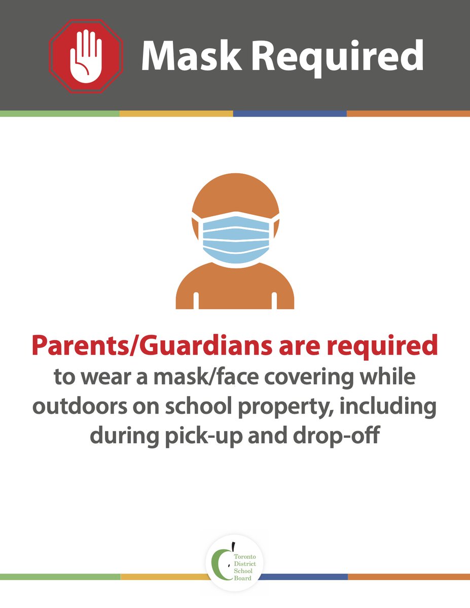 Schoolyards are crowded at pick up and drop off times. To help ensure safety when physical distancing isn’t possible, parents/guardians are required to wear masks/face coverings outside on school property during pick up and drop off. 😷 Learn more here➡️ bit.ly/2ZeQJtm