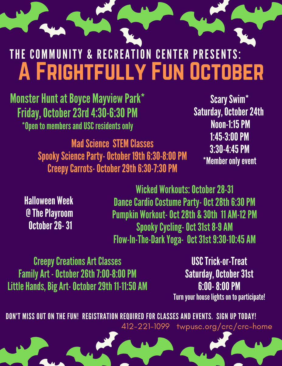 Upper_St_Clair's tweet photo. Halloween is coming up and we have planned a frightfully fun October! The official #UpperStClair trick-or-treat time is 6-8 p.m. on Saturday, Oct. 31. Turn your house lights on to participate. More festive activities are planned at the #USCRecCenter: https://t.co/jGqsq0Q7pA https://t.co/HPXfYnmALV