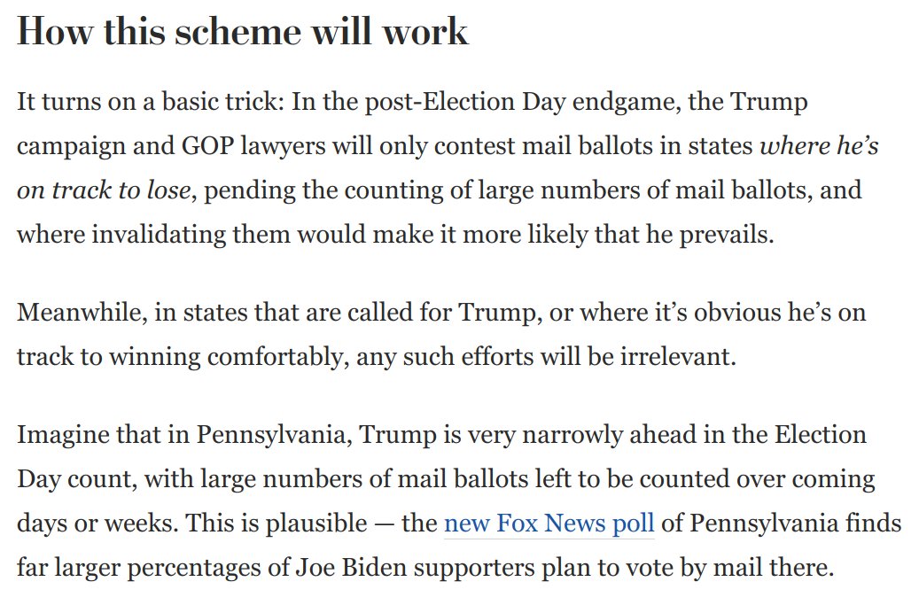 Here's how the scheme works:Trump and Republicans will only try to get mail ballots tossed in states where he's on track to lose if all of them are counted. This is why they can tell their own people to use vote by mail while claiming it's fraudulent: https://www.washingtonpost.com/opinions/2020/09/25/intercepted-gop-robocalls-expose-how-trump-hopes-corrupt-election/