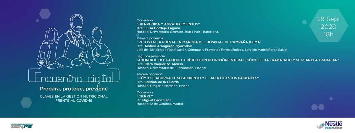 Nestlehealthsc's tweet photo. Prepara, Protege, Previene frente al #COVID19
El martes 29 a las 18h, te invitamos al evento digital organizado por @SENPE y patrocinado por #NestleHealthScience. Un compendio en la asistencia nutricional frente al #COVID19
Regístrate aquí:
https://t.co/InH4oBAtoE https://t.co/pnzkM1EUTq