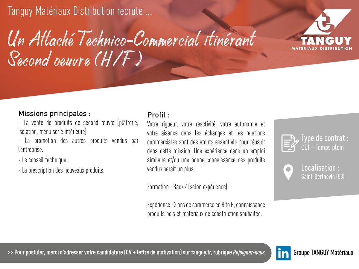 groupetanguy's tweet photo. [Recrutements]
La société Tanguy Matériaux Distribution recrute un Attaché Technico-Commercial Itinérant Second Oeuvre (H/F)pour son agence Saint-Berthevin (53).
✔️ Pour postuler, c'est par ici :  https://t.co/yuHg8KrtFj
#Job #Emploi #Recrutement https://t.co/qpcic72aA8