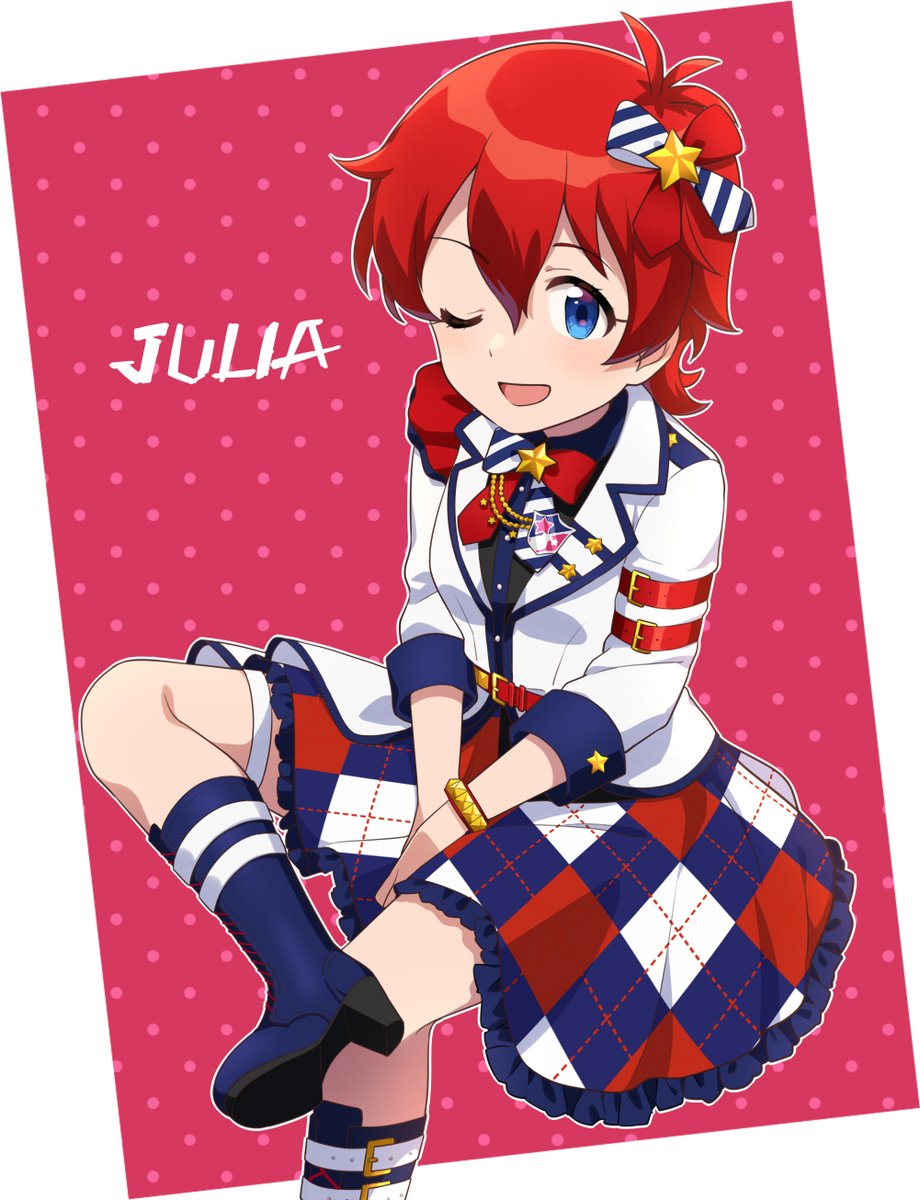1girl one eye closed red hair blue eyes solo smile boots  illustration images