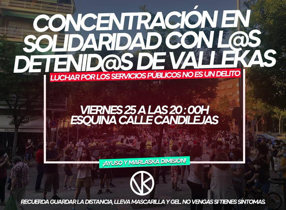 🔴 Ya han sido puestos en libertad los detenidos ayer en la manifestación por los servicios públicos en Vallecas. 

Es hora de responder como un puño y demostrar nuestra solidaridad, hoy a las 🕛 20:00H en 📍 la esquina de la calle Candilejas.
#MasMedicosYMenosPolicia