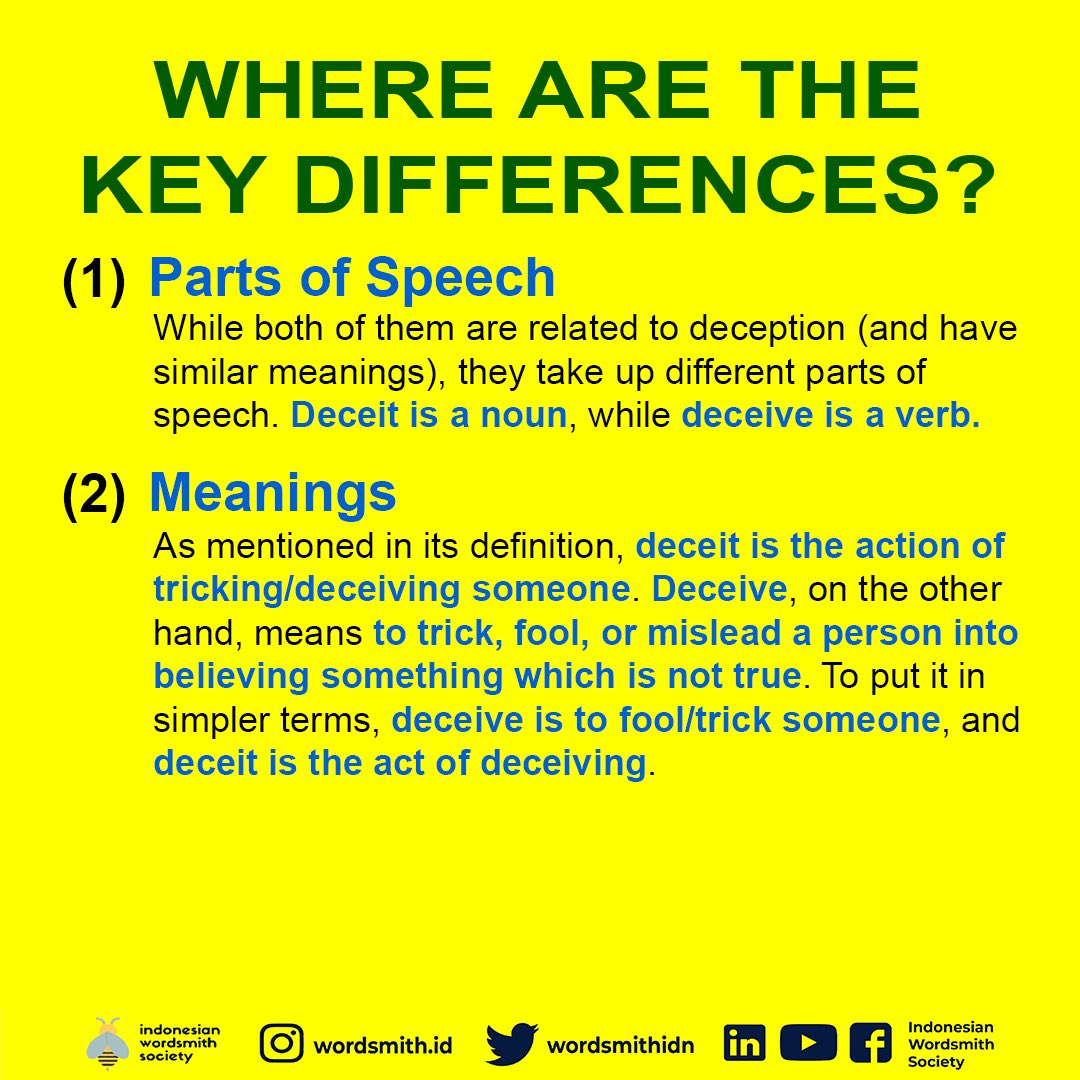 Ada dua perbedaan kunci di antara kedua kata tersebut.(1) PARTS OF SPEECH: Deceit di atas tadi lebih diposisikan sebagai kata benda ketimbang deceive yang merupakan kata kerja. Further explanation relates to the second difference tentang maknanya. #spellingbee  #dirumahaja  