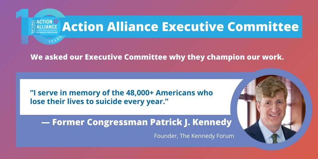 Action_Alliance's tweet photo. As we continue to recognize our 10 years as the nation's public-private partnership for #suicideprevention, today hear from @Action_Alliance EXCOM member @PJK4brainhealth of @kennedyforum as he shares why he's committed to this work. #10YearsofPartnerships https://t.co/tTRIqSXPF2