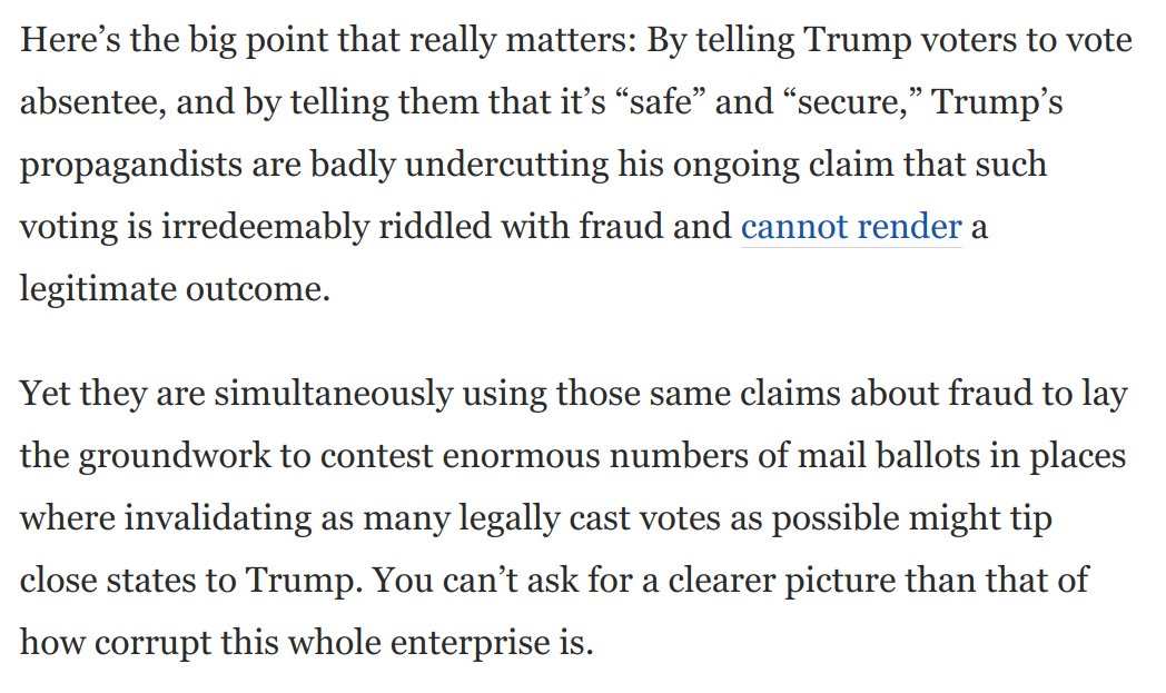 “Republicans are likely to only attack mail voting in court in places where it could tip the results to Trump, while leaving the results in other states with their mail-in counts standing.” @rickhasen, in this piece. Here's the corruption, in a nutshell: https://www.washingtonpost.com/opinions/2020/09/25/intercepted-gop-robocalls-expose-how-trump-hopes-corrupt-election/